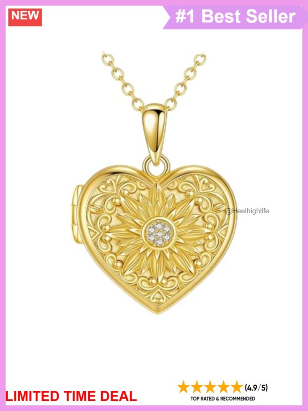 Diamond Sunflower Locket Necklace 925 Sterling Silver Plated 18K Gold